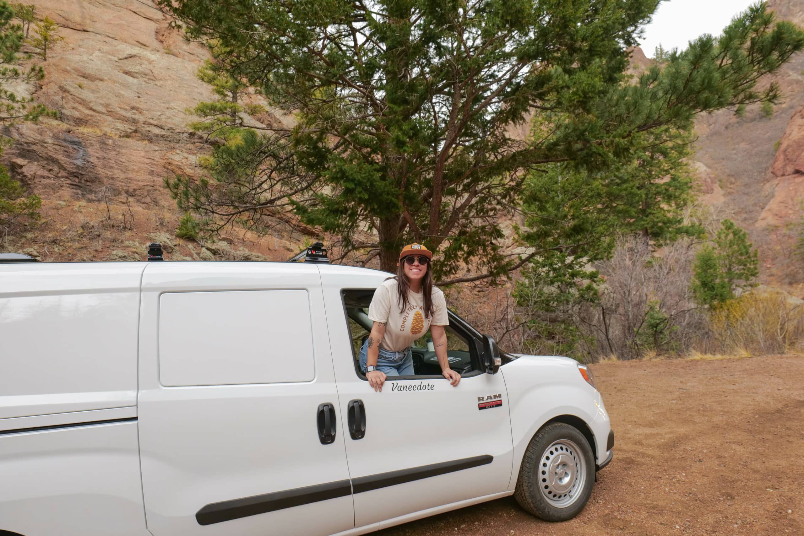 Leaning out of a small campervan in nature